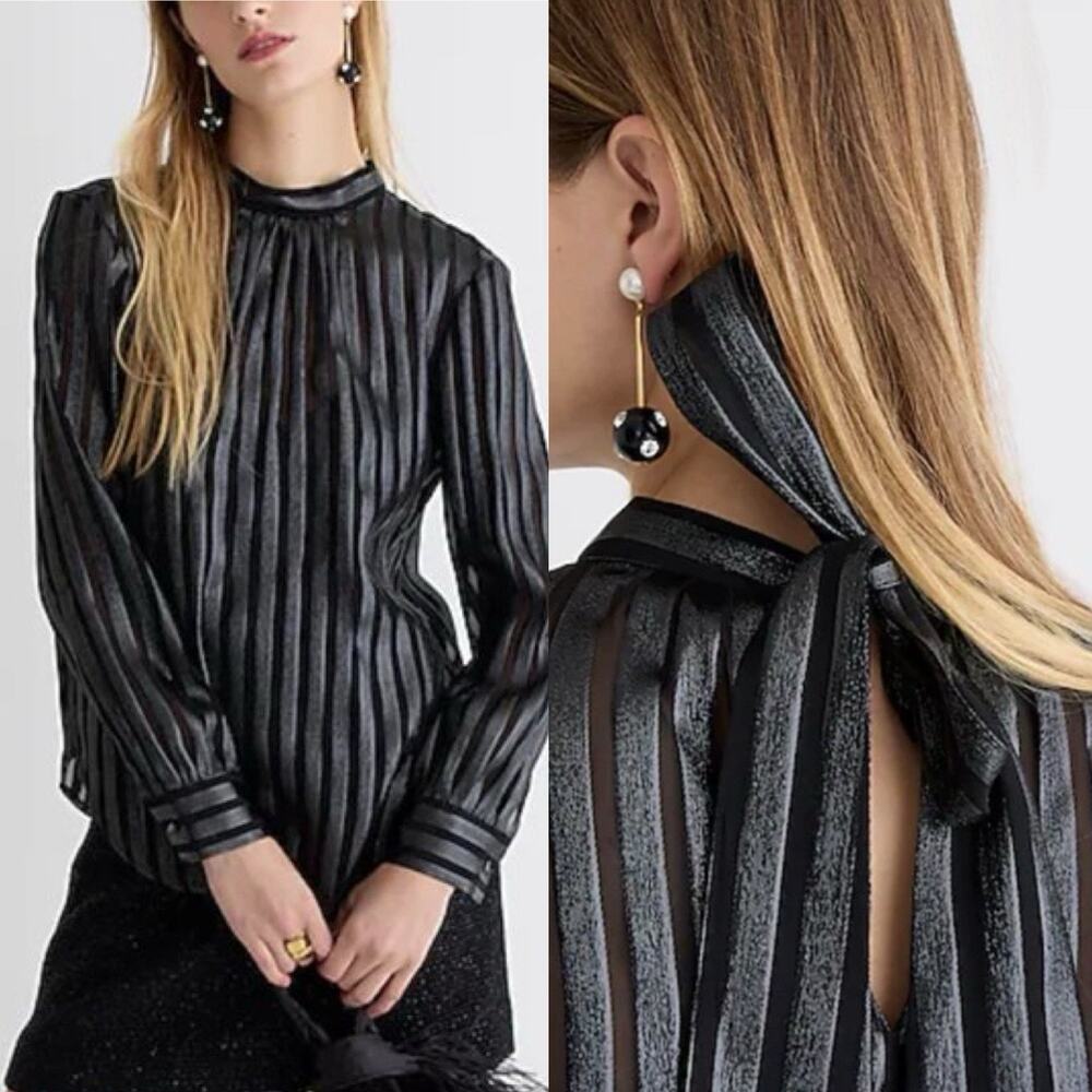 J Crew Silk Blend Metallic Chiffon Mockneck Tie Top Blouse Black S